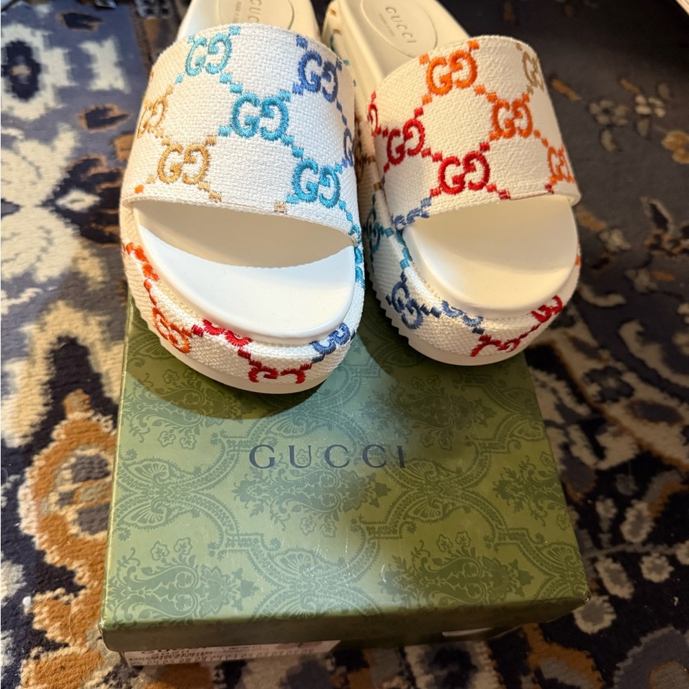 Gucci White Slides with Multicolor GG Pattern